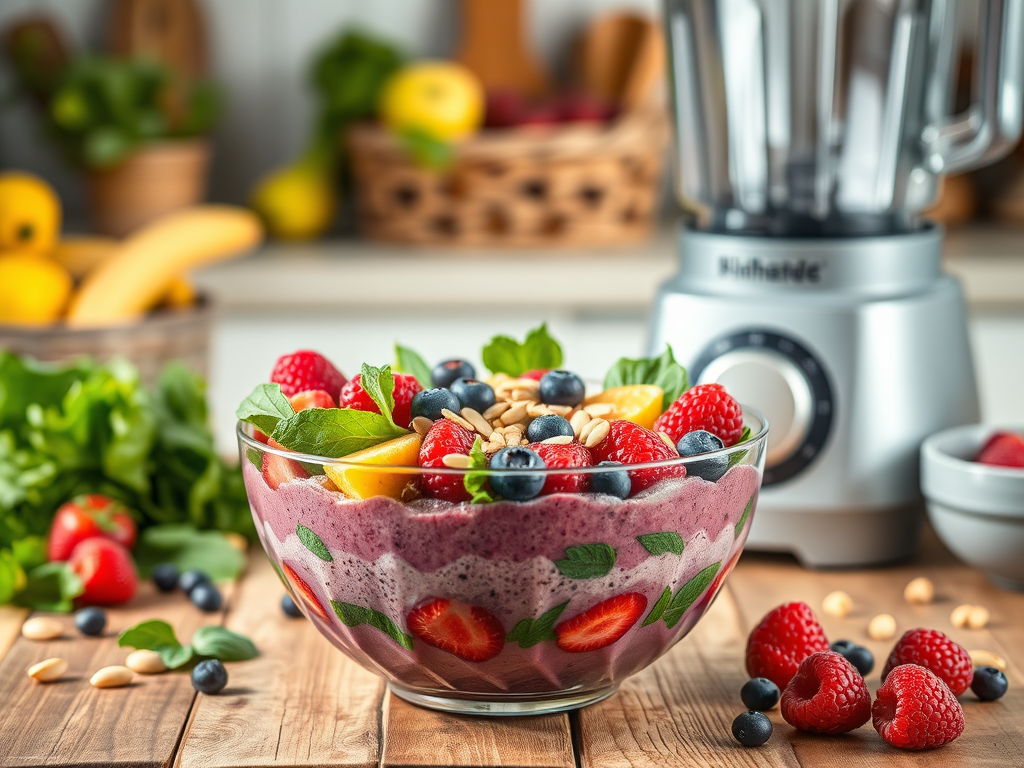 Berry smoothie bowl topped with fresh fruit, nuts, and mint, placed on a wooden table with a blender in the background.
