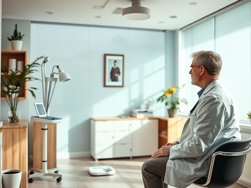 Elderly man sitting in a bright, modern waiting room, looking thoughtful.