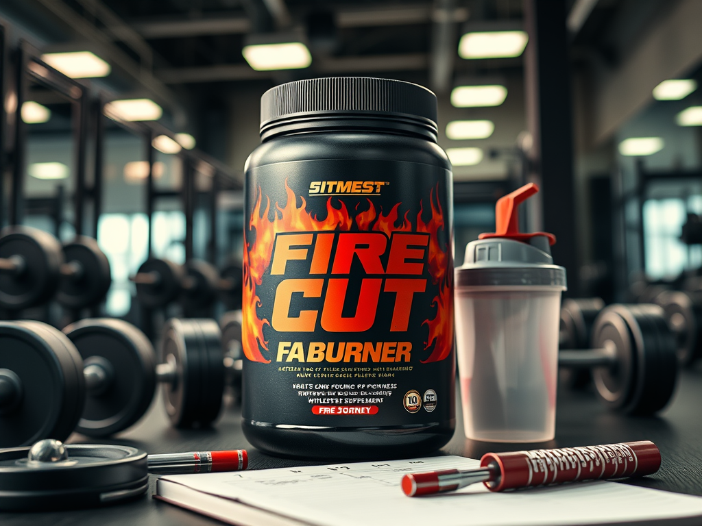 Fire Cut fat burner supplement container placed on a gym counter with a shaker bottle, notebook, and gym equipment in the background
