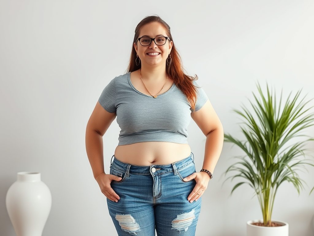 A woman in a gray t-shirt and jeans standing in a bright room, holding the waistband of her jeans to show weight loss progress.
